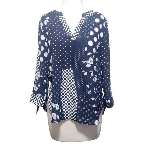 Zac & Rachel Petite Blue|White Floral 3/4 Sleeve Tunic Blouse Size PL NEW - Picture 1 of 14